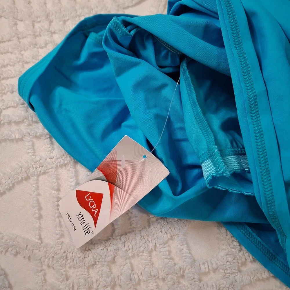 Lands' End Womens 18 Tankini Top Blue High Neck Shelf Bra Lycra Modest NWT